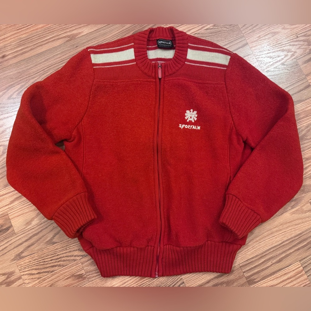 Vintage Sportalm Vibrant Red Orange 100% Wool Bomber Style Jacket Zip-Up Sweater